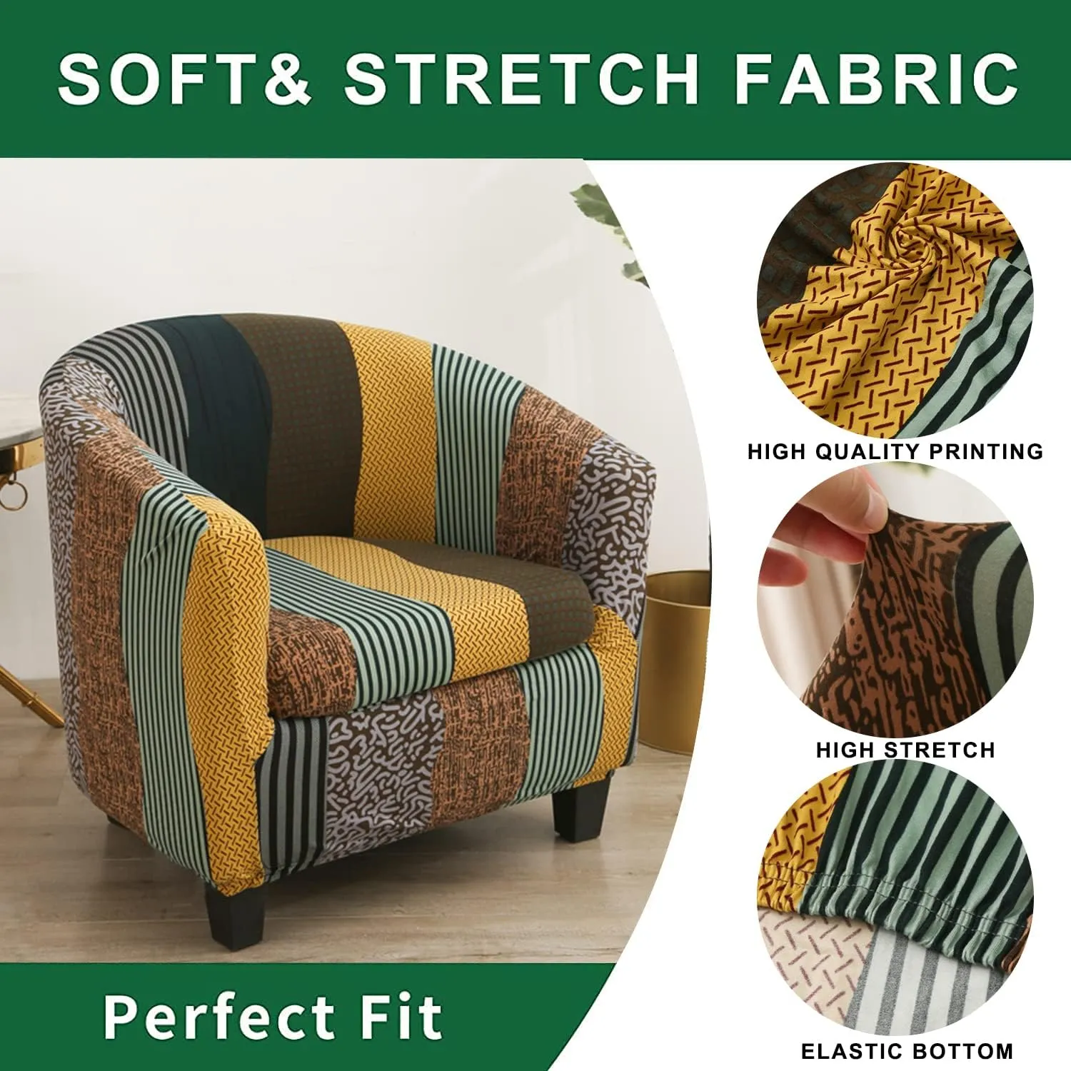 Club Chair Slipcover 2 Piece Printed Tub Chair Slipcover Soft Stretch Printed Round Barrel Chair Covers Armchair Covers Furniture Protector for Living Room Hotel Counter Cafe (Color 01)