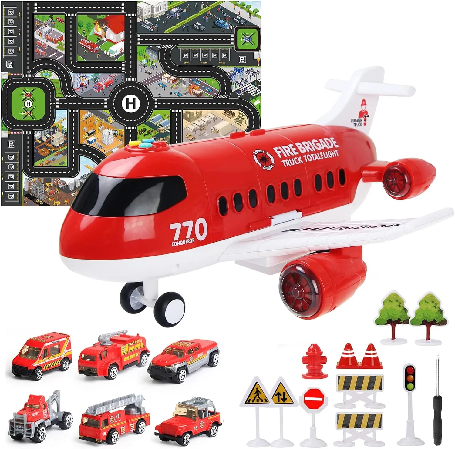 Coolplay Red Airplane Toy Set - Rescue Fire Truck & Ambulance Car with Lights & Sound for Boys 3-6 Years