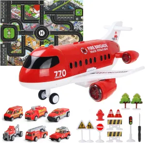 Coolplay Red Airplane Toy Set - Rescue Fire Truck & Ambulance Car with Lights & Sound for Boys 3-6 Years