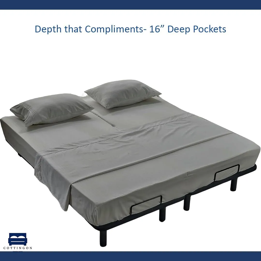 Cottingon,Premium 100% Egyptian Cotton,Flex Top King Sheets for Sleep Number Beds 16" Deep,King 34" - Light Grey
