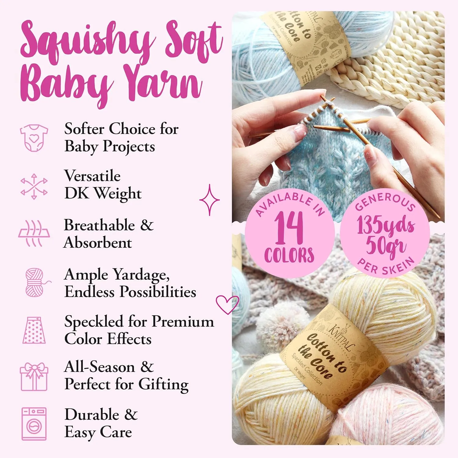 Cotton to The Core Speckled Soft Baby Yarn for Crocheting, 6 Skeins, 810Yds/300G, Free Patterns - Size 3 DK Light Worsted Weight Cotton Yarn for Knitting - Confetti Snow