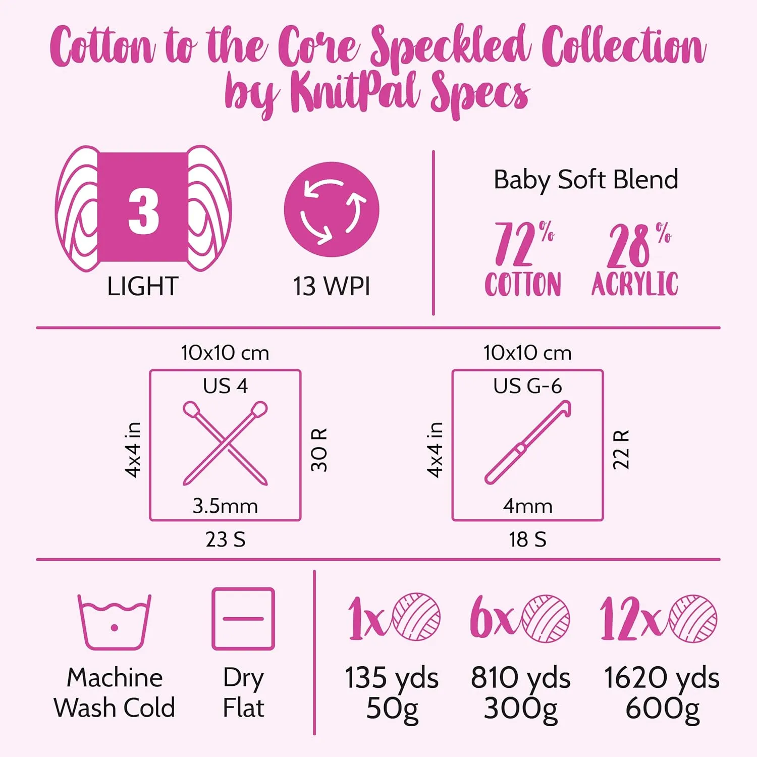 Cotton to The Core Speckled Soft Baby Yarn for Crocheting, 6 Skeins, 810Yds/300G, Free Patterns - Size 3 DK Light Worsted Weight Cotton Yarn for Knitting - Confetti Snow