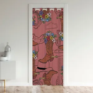 Cowboy Boots Blackout Curtain 1 Panel 34" W X 80" L,Retro Country Western Cowboy Doorway Curtain Modern Door Drape for Kitchen Restaurant,Colorful Flowers Floral Pink Door Curtain
