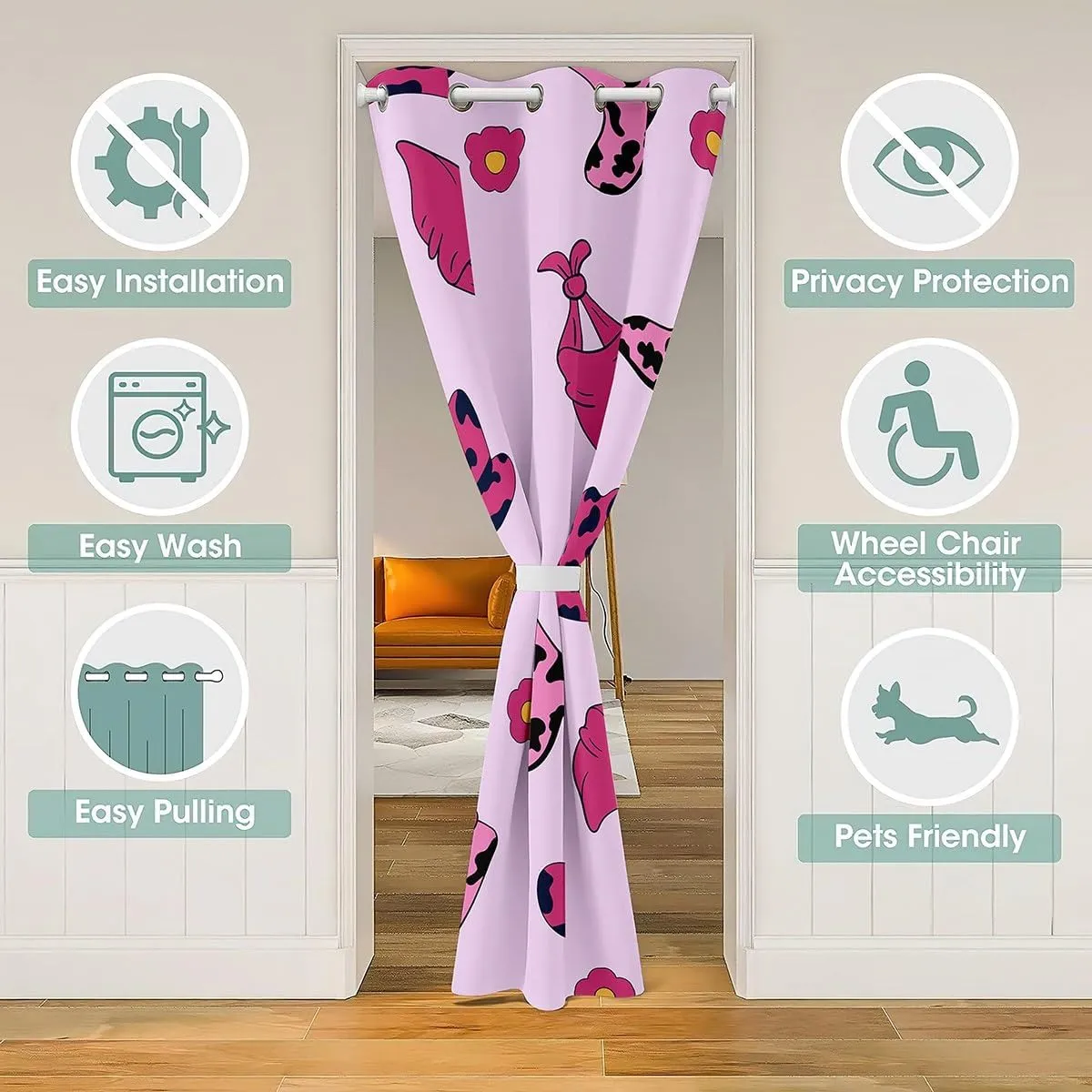 Cowgirl Pink Blackout Door Curtain 80"×42",Western Boots Caps Rustic Cowhide Print Doorway Curtain Room Darkening,Cartoon Daisy Flowers Kawaii Girly Door Drapes for Bedroom,1 Panel