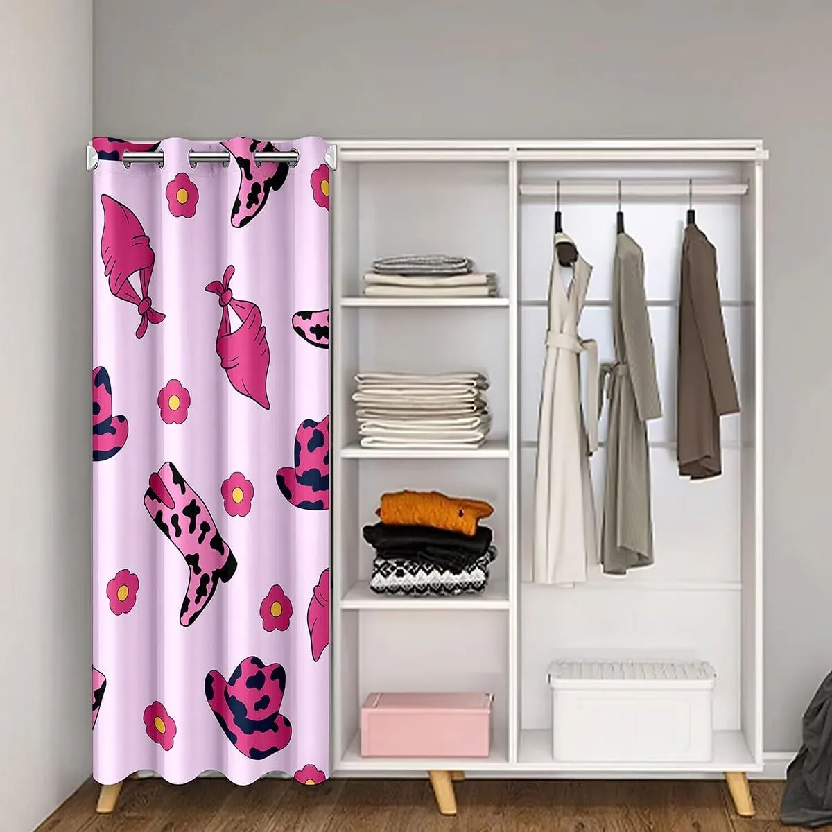 Cowgirl Pink Blackout Door Curtain 80"×42",Western Boots Caps Rustic Cowhide Print Doorway Curtain Room Darkening,Cartoon Daisy Flowers Kawaii Girly Door Drapes for Bedroom,1 Panel