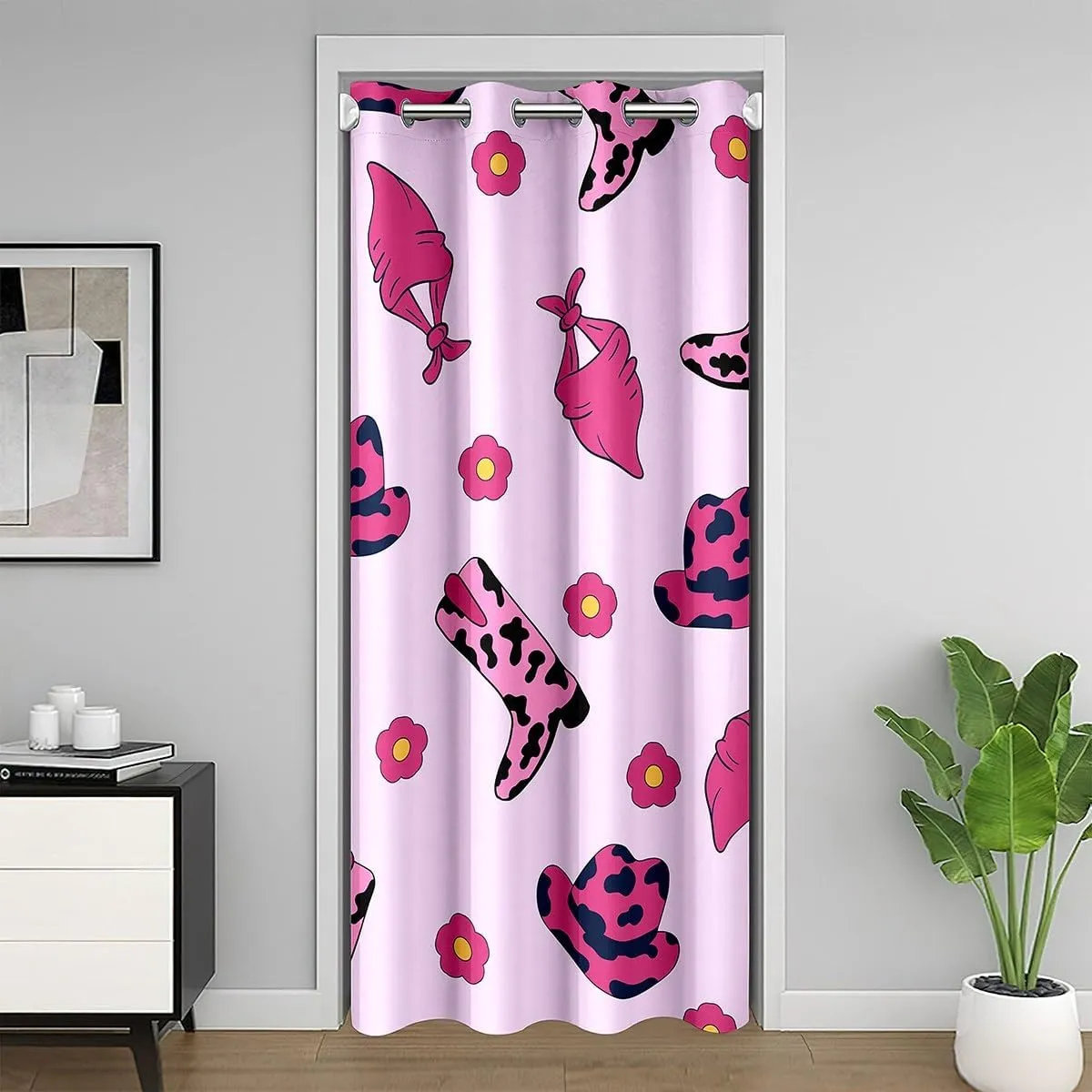 Cowgirl Pink Blackout Door Curtain 80"×42",Western Boots Caps Rustic Cowhide Print Doorway Curtain Room Darkening,Cartoon Daisy Flowers Kawaii Girly Door Drapes for Bedroom,1 Panel