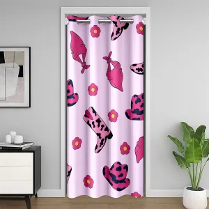 Cowgirl Pink Blackout Door Curtain 80"×42",Western Boots Caps Rustic Cowhide Print Doorway Curtain Room Darkening,Cartoon Daisy Flowers Kawaii Girly Door Drapes for Bedroom,1 Panel