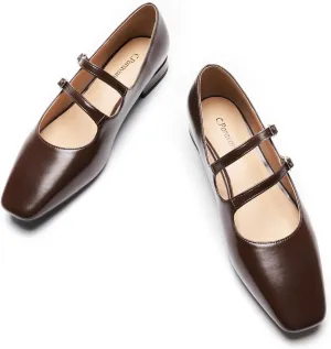 C.Paravano Designer-Inspired Mary Janes | Block Heel Flats w/Memory Foam for Office Attire & Vineyard Visits | Square Toe Comfort | Pair w/Tailored Shorts or Summer Sheaths(Chocolate,12)