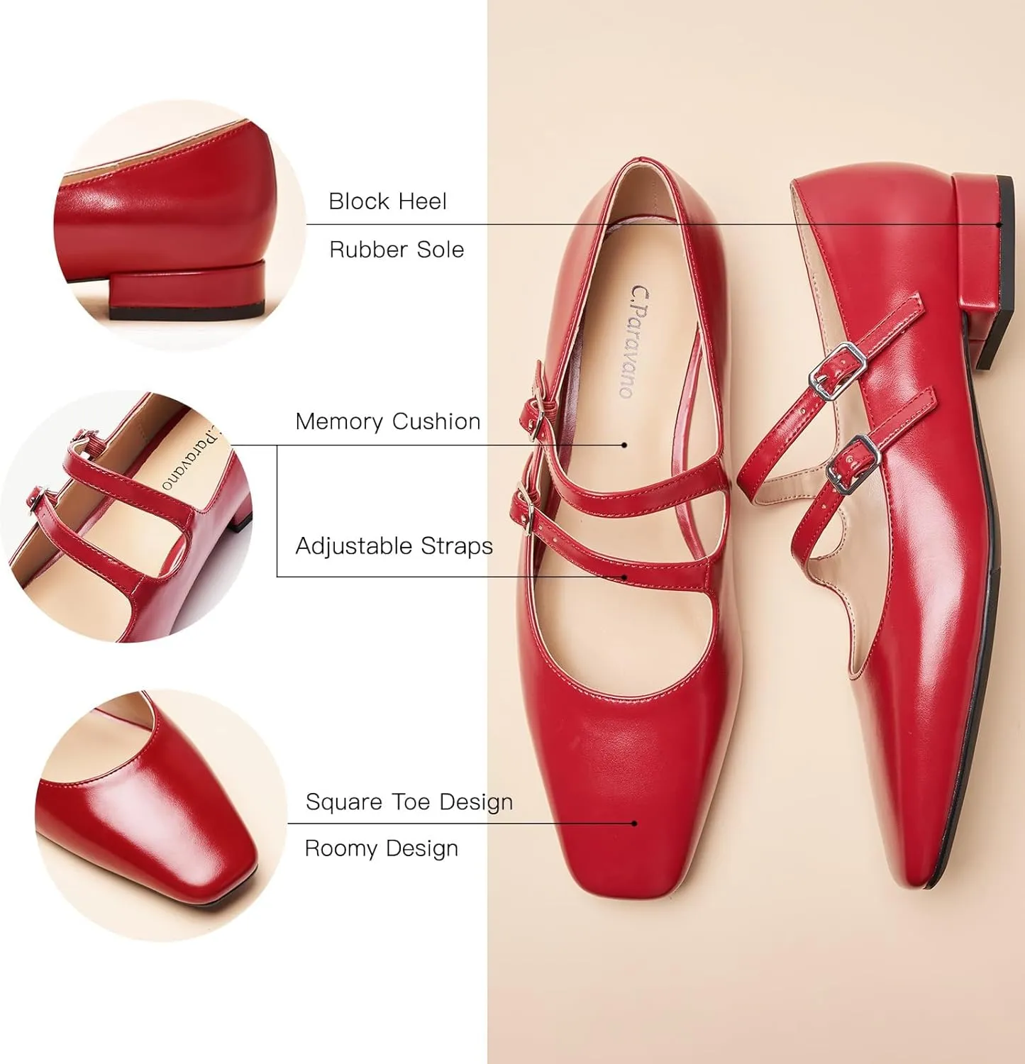 C.Paravano Luxury Mary Jane Ballet Flats: Adjustable Double Straps & Square Toe|Premium Comfort for Gallery Openings, Spring Brunches|Style w/Midi Skirts or Cropped Trousers