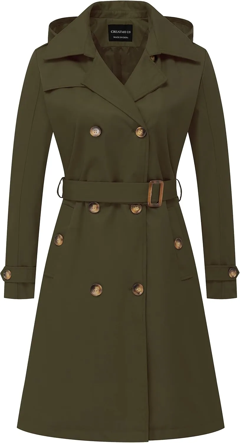 CREATMO US Women's Long Trench Coat Double-Breasted Classic Lapel Overcoat Belted Slim Outerwear Coat with Detachable Hood