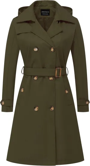 CREATMO US Women's Long Trench Coat Double-Breasted Classic Lapel Overcoat Belted Slim Outerwear Coat with Detachable Hood