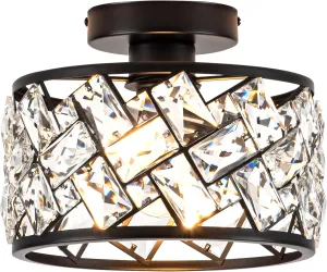 Crystal Ceiling Light Fixture, Modern Semi Flush Mount Ceiling Light,Crystal Chandelier for Kitchen Bedroom Bathroom Entryway, Black Finish