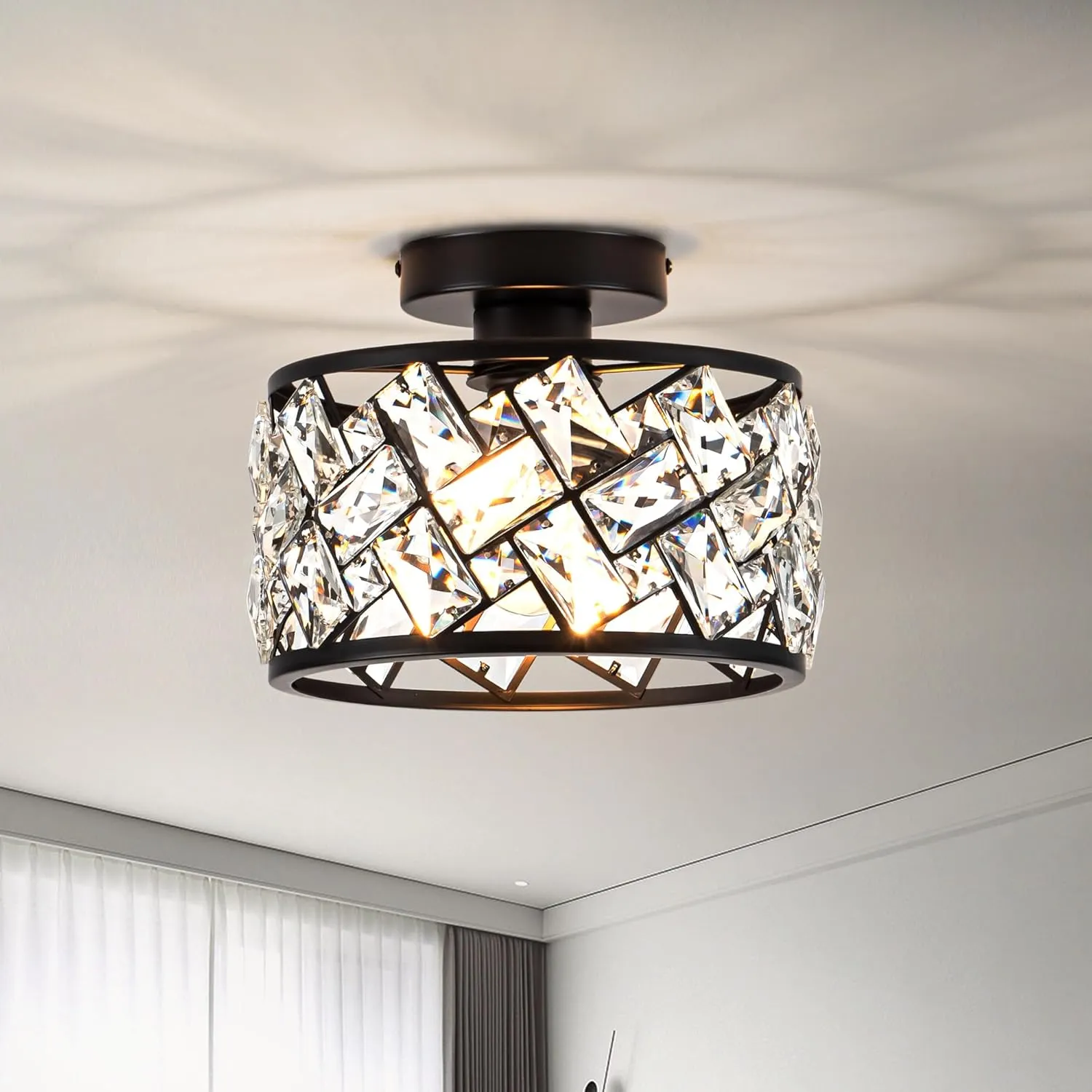 Crystal Ceiling Light Fixture, Modern Semi Flush Mount Ceiling Light,Crystal Chandelier for Kitchen Bedroom Bathroom Entryway, Black Finish