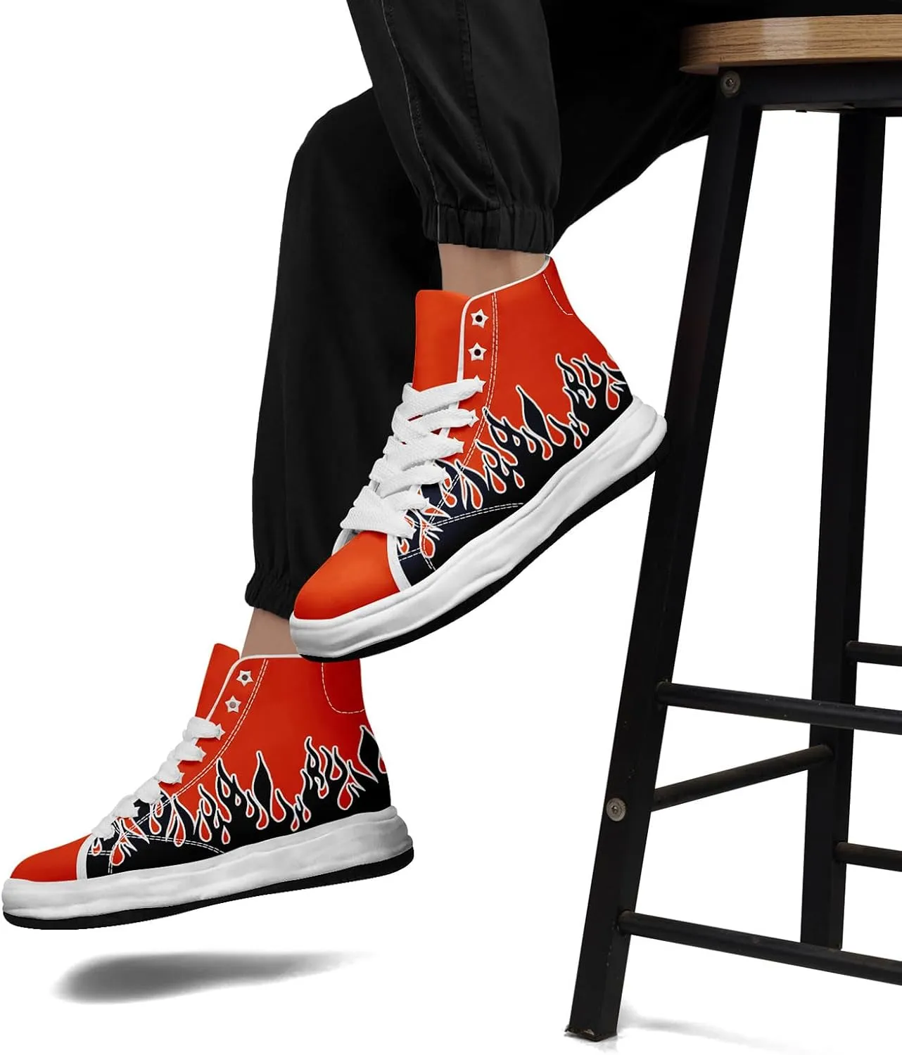 Custom Flame High-Top Platform Sneakers, Fashion Chunky Elevated Canvas Trainers for Streetwear Race Casual Footwear