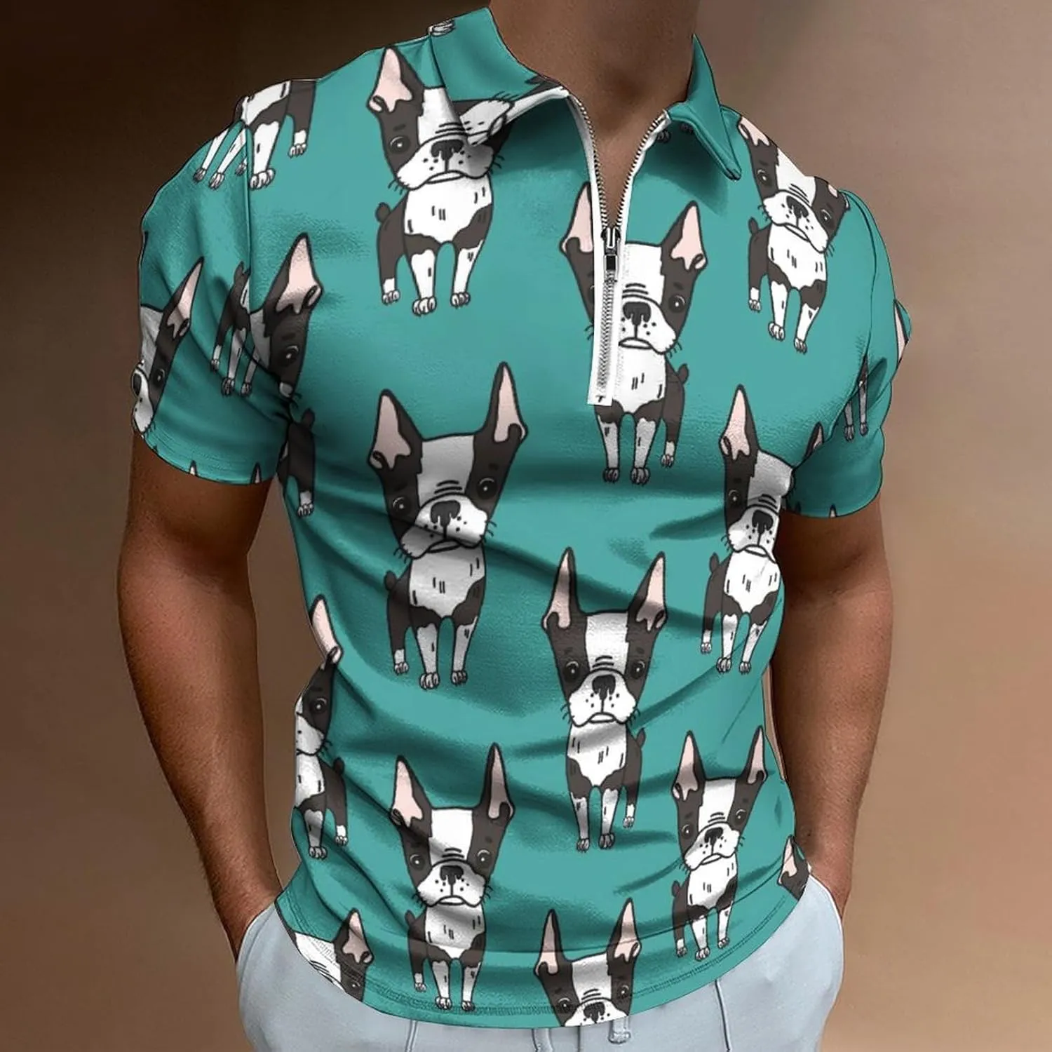 Cute Boston Terrier Men's Polo Shirts Casual Short Sleeve T Shirt Zippered Golf Top Tee