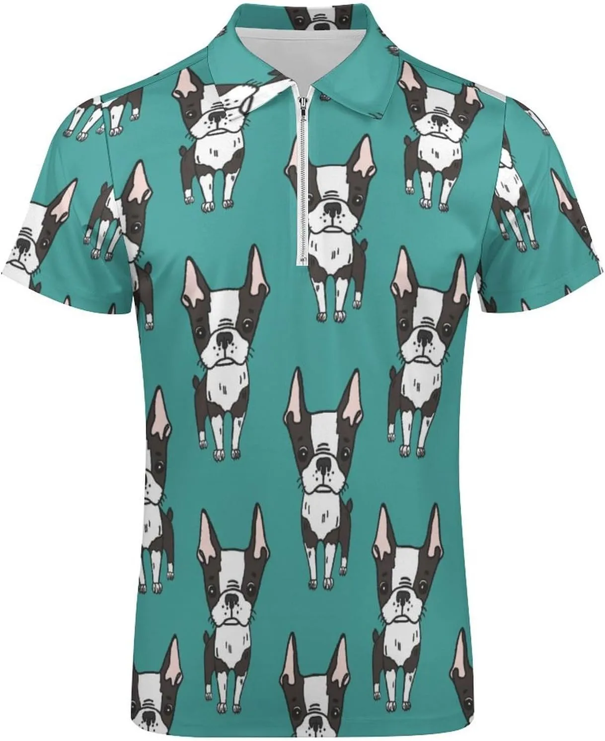 Cute Boston Terrier Men's Polo Shirts Casual Short Sleeve T Shirt Zippered Golf Top Tee