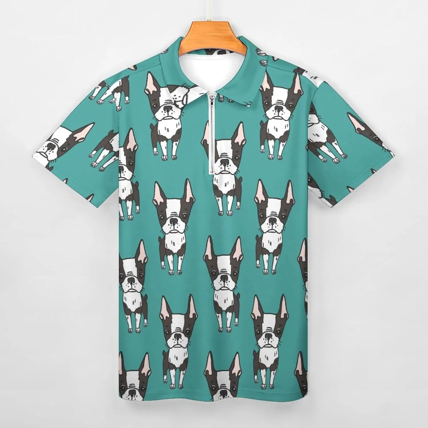 Cute Boston Terrier Men's Polo Shirts Casual Short Sleeve T Shirt Zippered Golf Top Tee