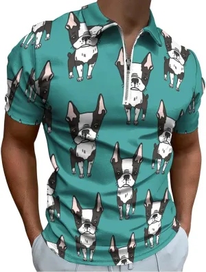 Cute Boston Terrier Men's Polo Shirts Casual Short Sleeve T Shirt Zippered Golf Top Tee
