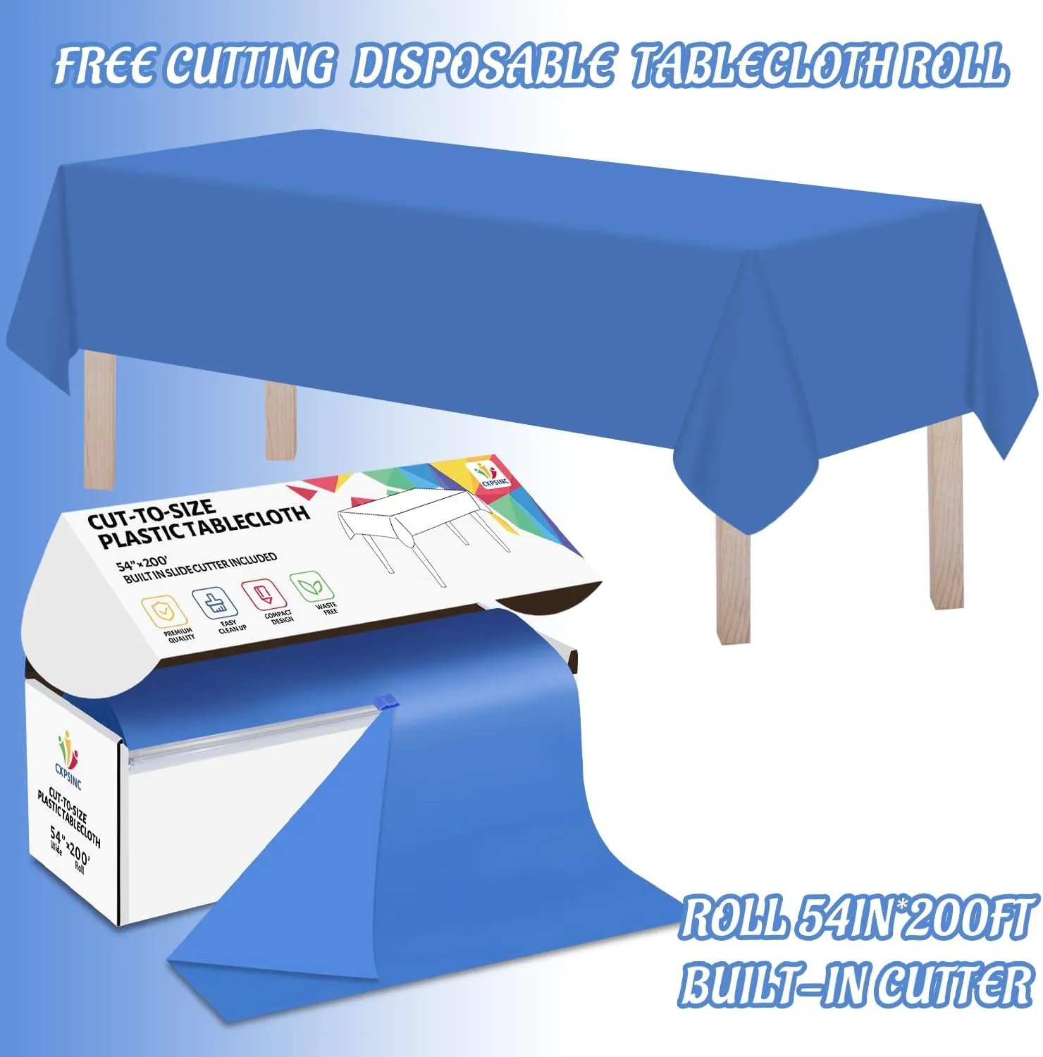 CXPSINC 54 Inch X 200 Feet Plastic Table Cover Roll Disposable Tablecloth with Slide Cutter for All Type/Shape Tables | Picnic, Party, Banquet, Birthdays, Weddings (Blue)
