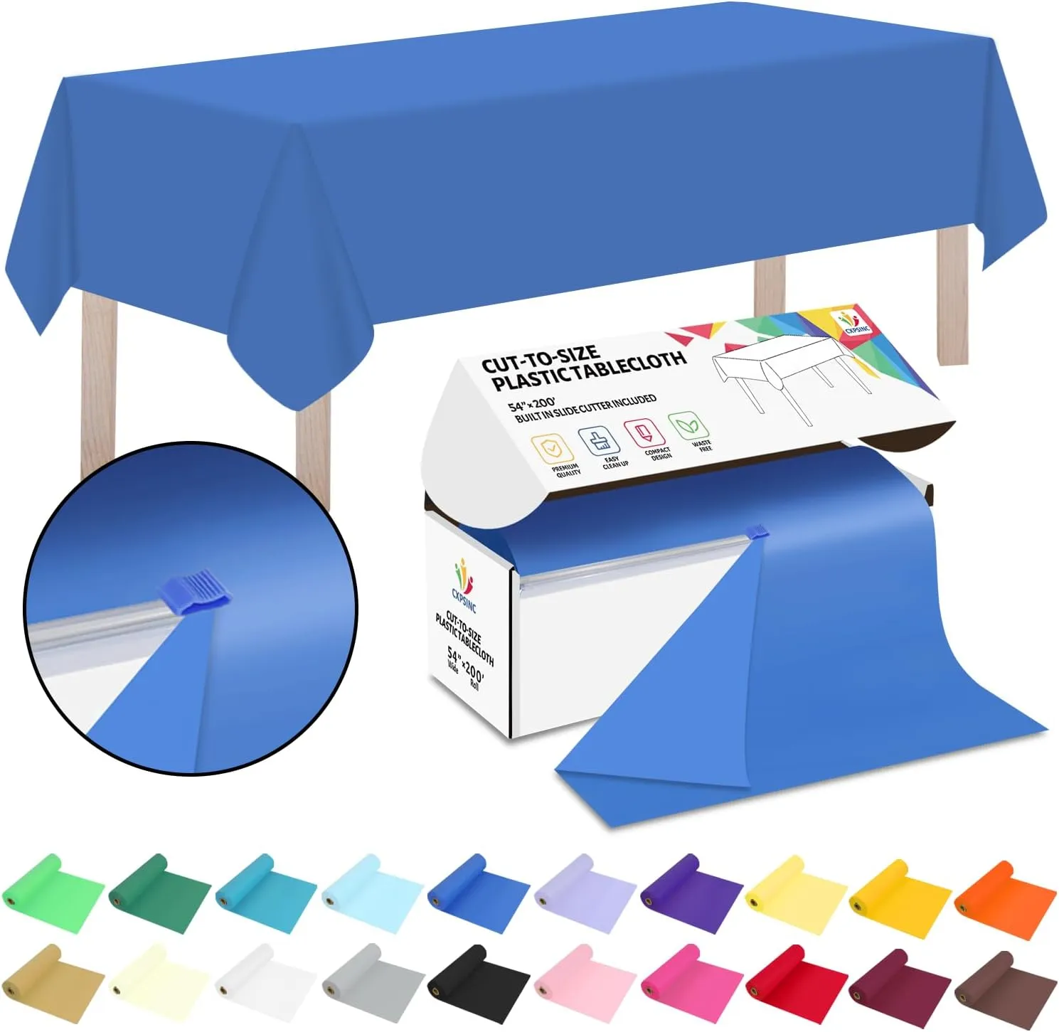 CXPSINC 54 Inch X 200 Feet Plastic Table Cover Roll Disposable Tablecloth with Slide Cutter for All Type/Shape Tables | Picnic, Party, Banquet, Birthdays, Weddings (Blue)