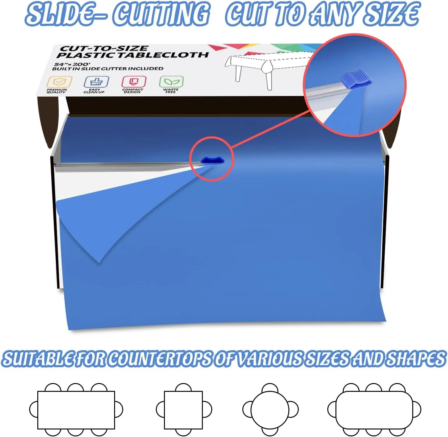 CXPSINC 54 Inch X 200 Feet Plastic Table Cover Roll Disposable Tablecloth with Slide Cutter for All Type/Shape Tables | Picnic, Party, Banquet, Birthdays, Weddings (Blue)