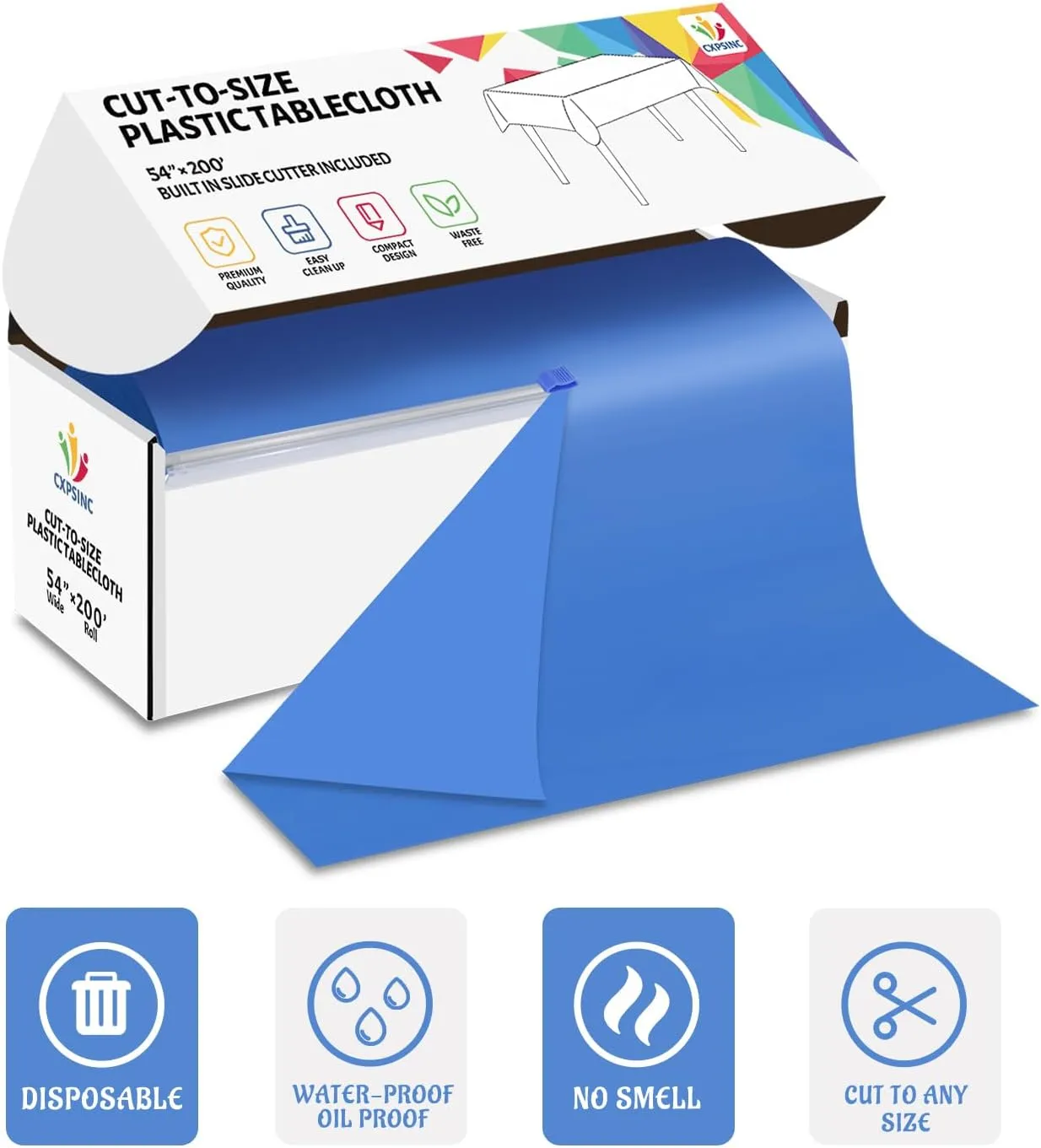 CXPSINC 54 Inch X 200 Feet Plastic Table Cover Roll Disposable Tablecloth with Slide Cutter for All Type/Shape Tables | Picnic, Party, Banquet, Birthdays, Weddings (Blue)