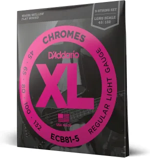 D'Addario XL Chromes Flat Wound Bass Guitar Strings - ECB81-5 - 5 String - Long Scale - Regular Light, 45-132