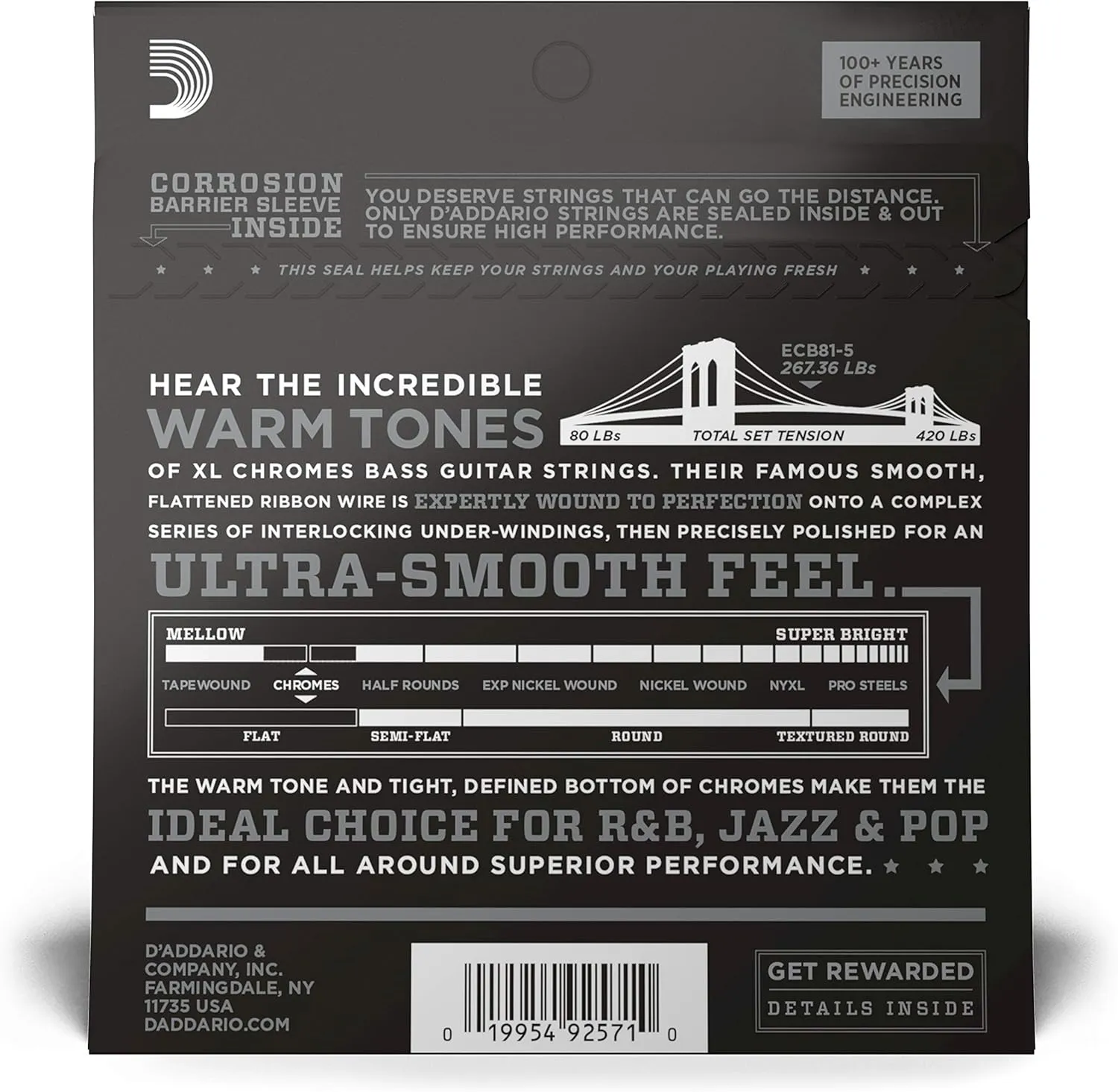 D'Addario XL Chromes Flat Wound Bass Guitar Strings - ECB81-5 - 5 String - Long Scale - Regular Light, 45-132