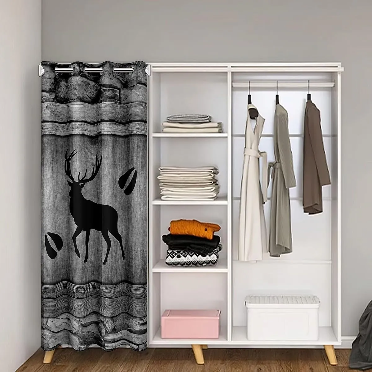 Deer Antler Silhouette Door Curtain for Privacy, Retro Jungle Cabin Wild Animals Footprint Room Divider, Blackout Curtain 1 Panel, 34" W x 80" L, Rustic Farmhouse Style Room Decor