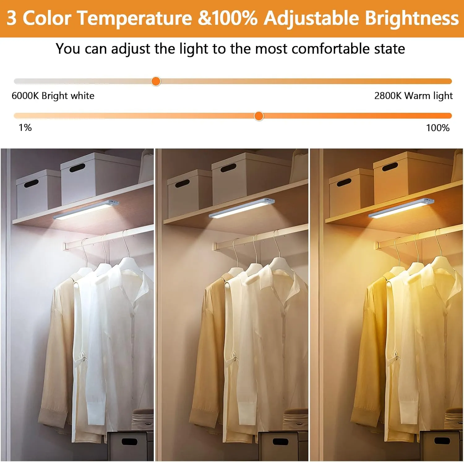 Dimmable Under Cabinet Lights, 60 LED Motion Sensor Light 2 Pack- Wireless USB Rechargeable, 3 Color Magnetic Light for Kitchen, Closet, Wardrobe