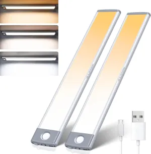 Dimmable Under Cabinet Lights, 60 LED Motion Sensor Light 2 Pack- Wireless USB Rechargeable, 3 Color Magnetic Light for Kitchen, Closet, Wardrobe