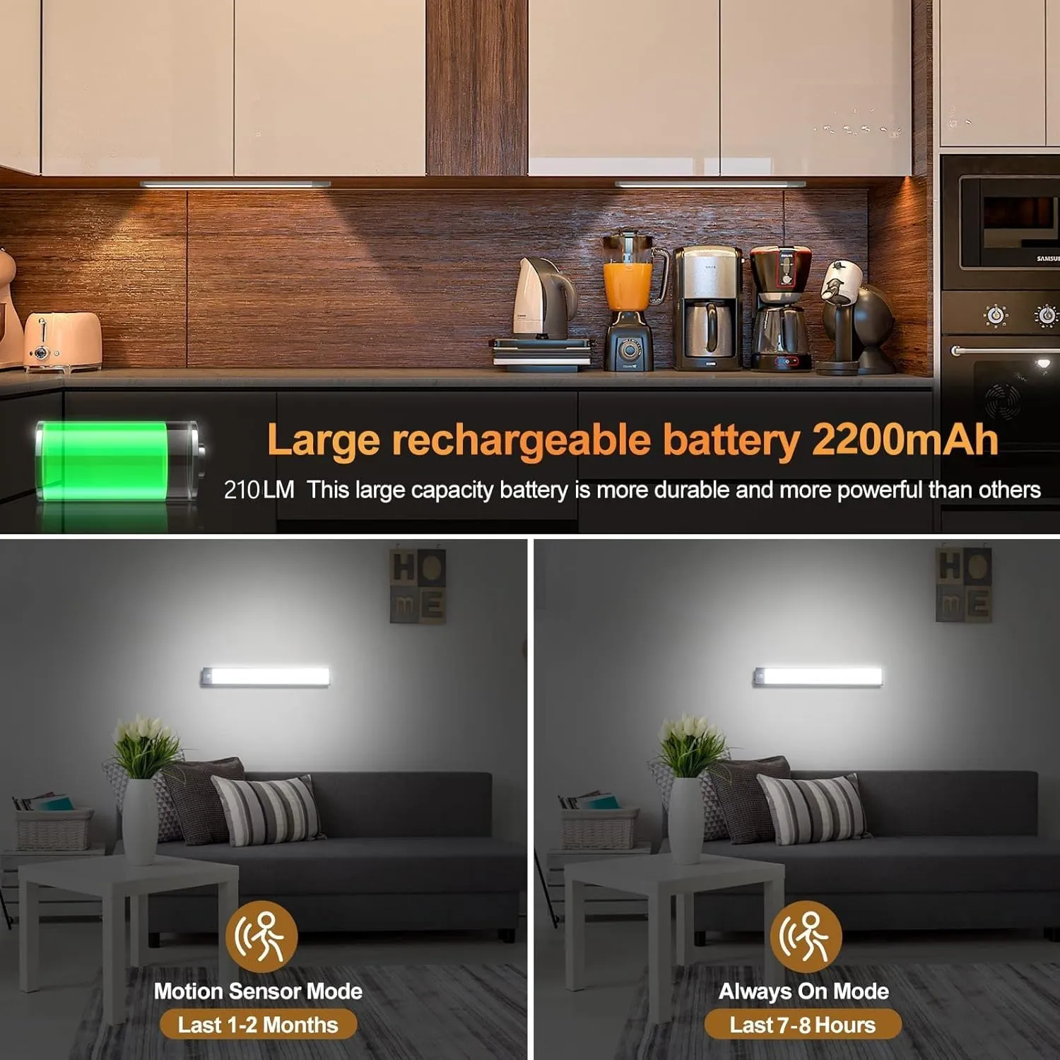Dimmable Under Cabinet Lights, 60 LED Motion Sensor Light 2 Pack- Wireless USB Rechargeable, 3 Color Magnetic Light for Kitchen, Closet, Wardrobe
