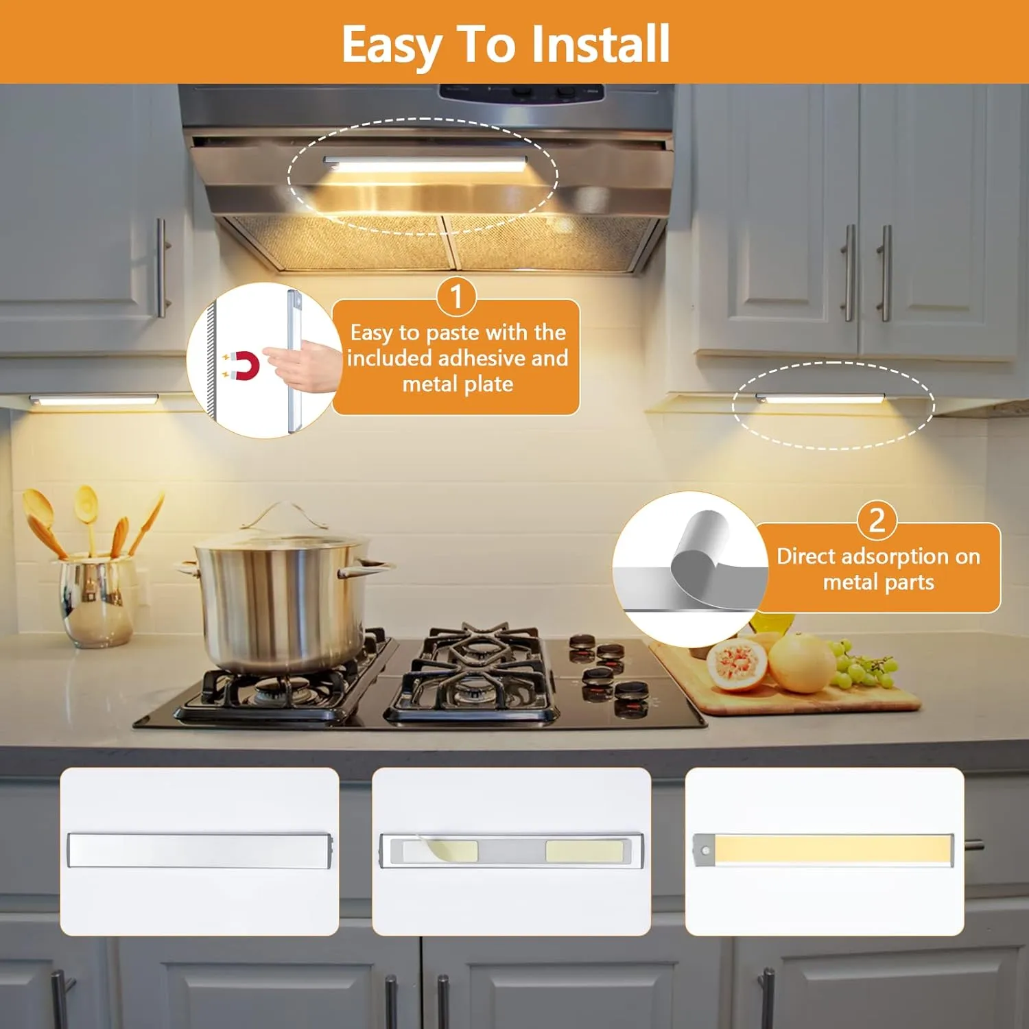 Dimmable Under Cabinet Lights, 60 LED Motion Sensor Light 2 Pack- Wireless USB Rechargeable, 3 Color Magnetic Light for Kitchen, Closet, Wardrobe