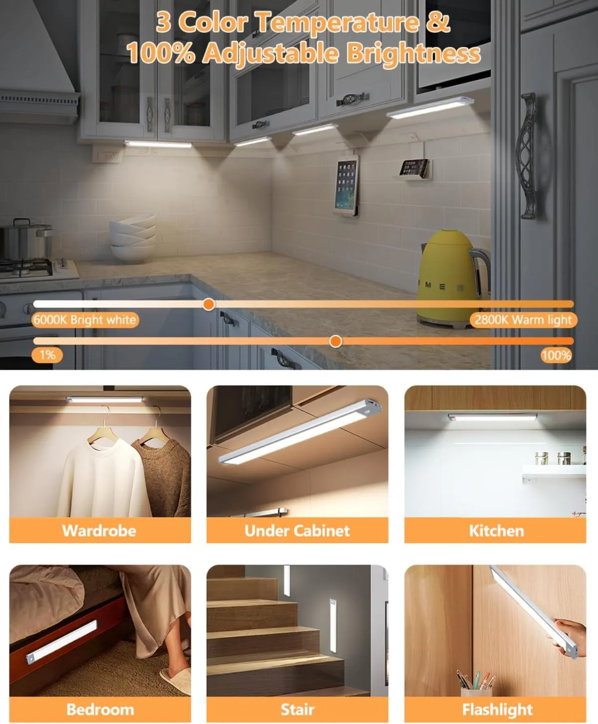 Dimmable Under Cabinet Lights, 60 LED Motion Sensor Light 2 Pack- Wireless USB Rechargeable, 3 Color Magnetic Light for Kitchen, Closet, Wardrobe