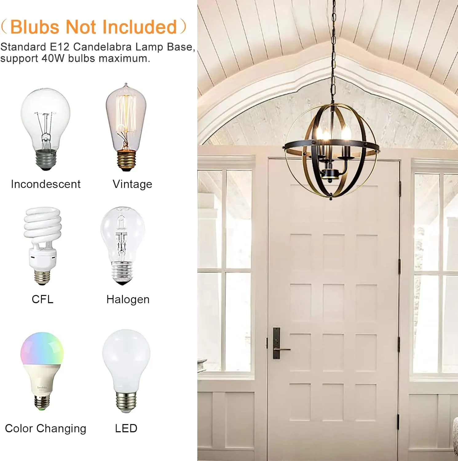 DLLT Chandelier Farmhouse Hanging Lighting, 3 Lights Globe Ceiling Light Fixture, Metal Swag Pendant Lighting for Kitchen, Dining Room, Living Room, Hallway, Bedroom, Entryway, E12 Base Gold