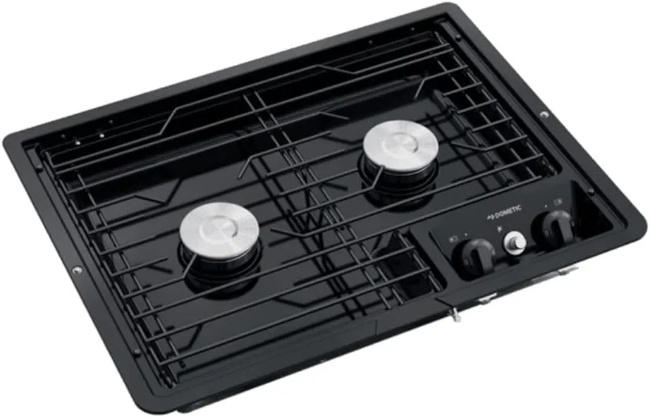 Dometic DROP-IN COOKTOP - Two Burner Cooktop Cast Iron/Flat Wire Grate - Piezo Ignition Stove for RV and Outdoor Camper Kitchens