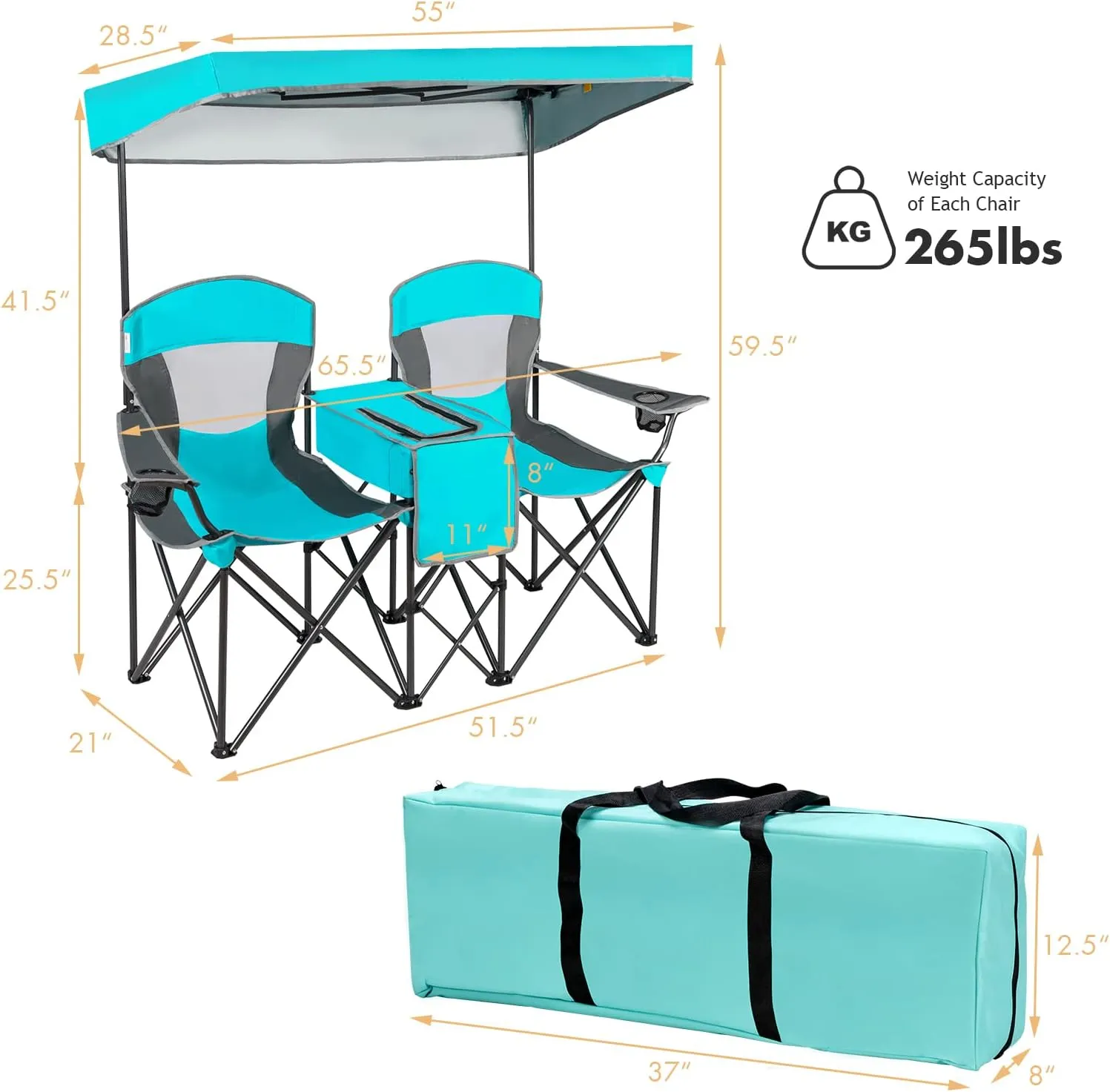 DORTALA Double Camping Chair with Canopy, 2 Person Folding Beach Chair with Canopy Shade, Table Beverage Holder and Storage Bag, Double Rocker Chair Outdoor for Camping, Beach, Picnic, Turquoise