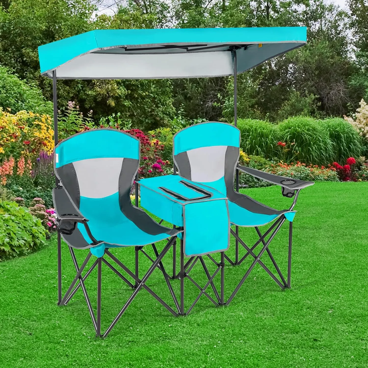 DORTALA Double Camping Chair with Canopy, 2 Person Folding Beach Chair with Canopy Shade, Table Beverage Holder and Storage Bag, Double Rocker Chair Outdoor for Camping, Beach, Picnic, Turquoise