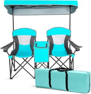 DORTALA Double Camping Chair with Canopy, 2 Person Folding Beach Chair with Canopy Shade, Table Beverage Holder and Storage Bag, Double Rocker Chair Outdoor for Camping, Beach, Picnic, Turquoise