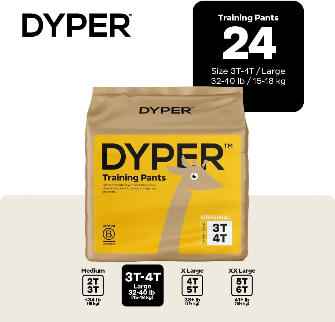 DYPER - Toddler Pull Up Style Potty Training Pants Girls/Boys Day & Overnight Protection - Made with Plant-Based*, Honest Ingredients, Hypoallergenic - Size 3T-4T (24 Count)