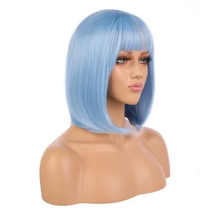 eNilecor Short Bob Hair Wigs 12" Straight with Flat Bangs Synthetic Colorful Cosplay Daily Party Wig for Women Natural As Real Hair  Free Wig Cap (Light Blue)