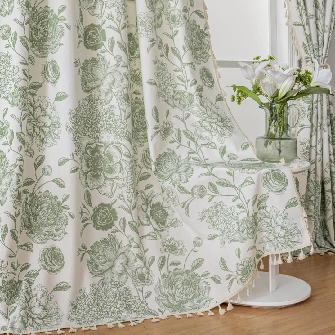 F-CHU Sage Green Floral Curtains Bohemian Drapes 72 Inch Length Cotton Linen Boho Window Curtain with Tassel Rod Pocket Bedroom Macrame Drapes Flower Curtains, 2 Panel 52" W x 72" L