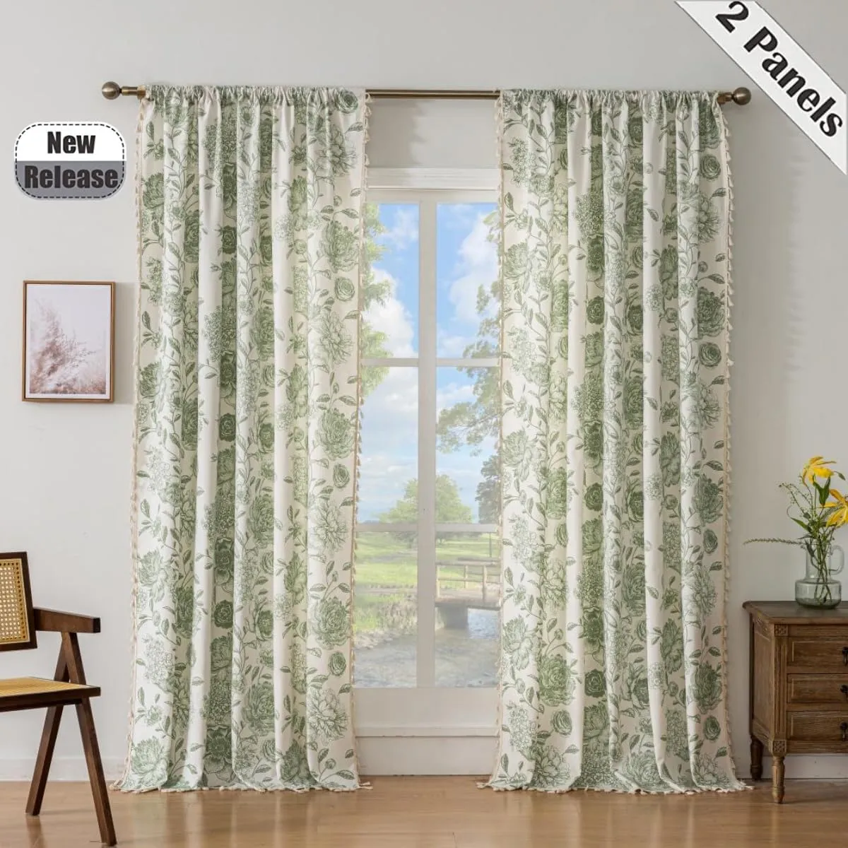 F-CHU Sage Green Floral Curtains Bohemian Drapes 72 Inch Length Cotton Linen Boho Window Curtain with Tassel Rod Pocket Bedroom Macrame Drapes Flower Curtains, 2 Panel 52" W x 72" L
