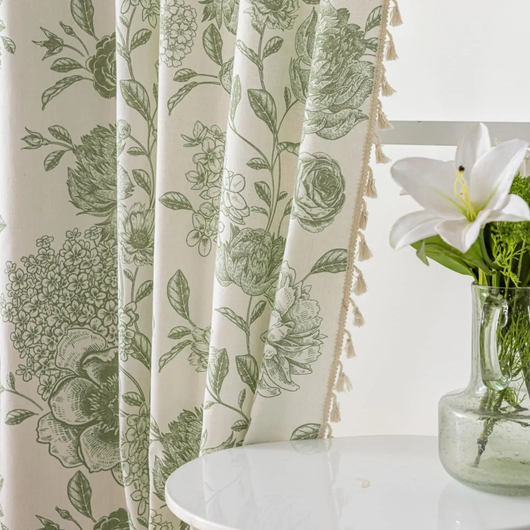 F-CHU Sage Green Floral Curtains Bohemian Drapes 72 Inch Length Cotton Linen Boho Window Curtain with Tassel Rod Pocket Bedroom Macrame Drapes Flower Curtains, 2 Panel 52" W x 72" L