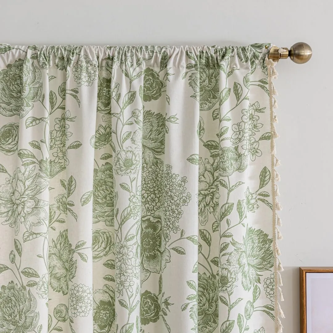 F-CHU Sage Green Floral Curtains Bohemian Drapes 72 Inch Length Cotton Linen Boho Window Curtain with Tassel Rod Pocket Bedroom Macrame Drapes Flower Curtains, 2 Panel 52" W x 72" L