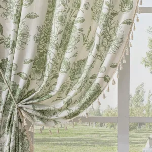 F-CHU Sage Green Floral Curtains Bohemian Drapes 72 Inch Length Cotton Linen Boho Window Curtain with Tassel Rod Pocket Bedroom Macrame Drapes Flower Curtains, 2 Panel 52" W x 72" L