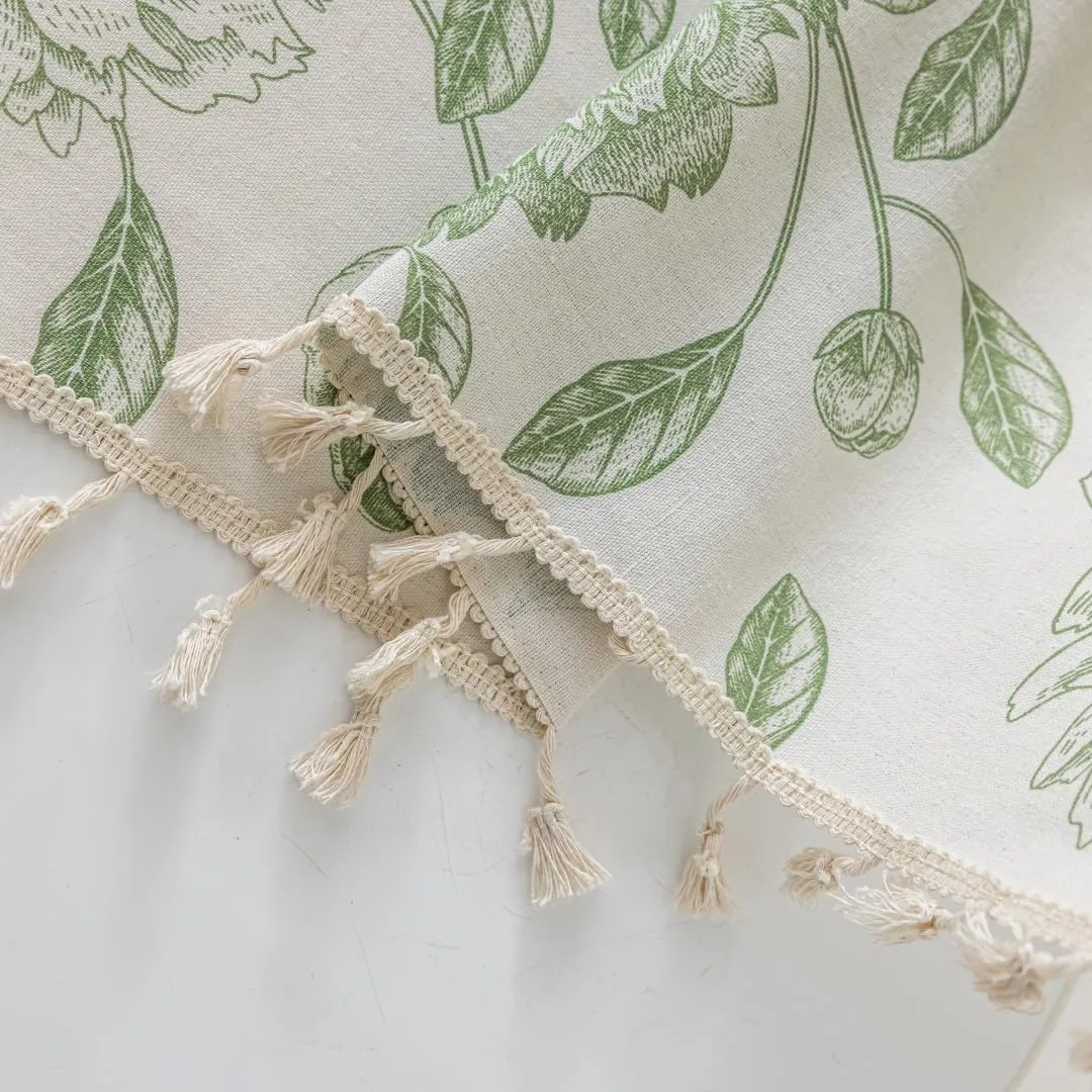F-CHU Sage Green Floral Curtains Bohemian Drapes 72 Inch Length Cotton Linen Boho Window Curtain with Tassel Rod Pocket Bedroom Macrame Drapes Flower Curtains, 2 Panel 52" W x 72" L