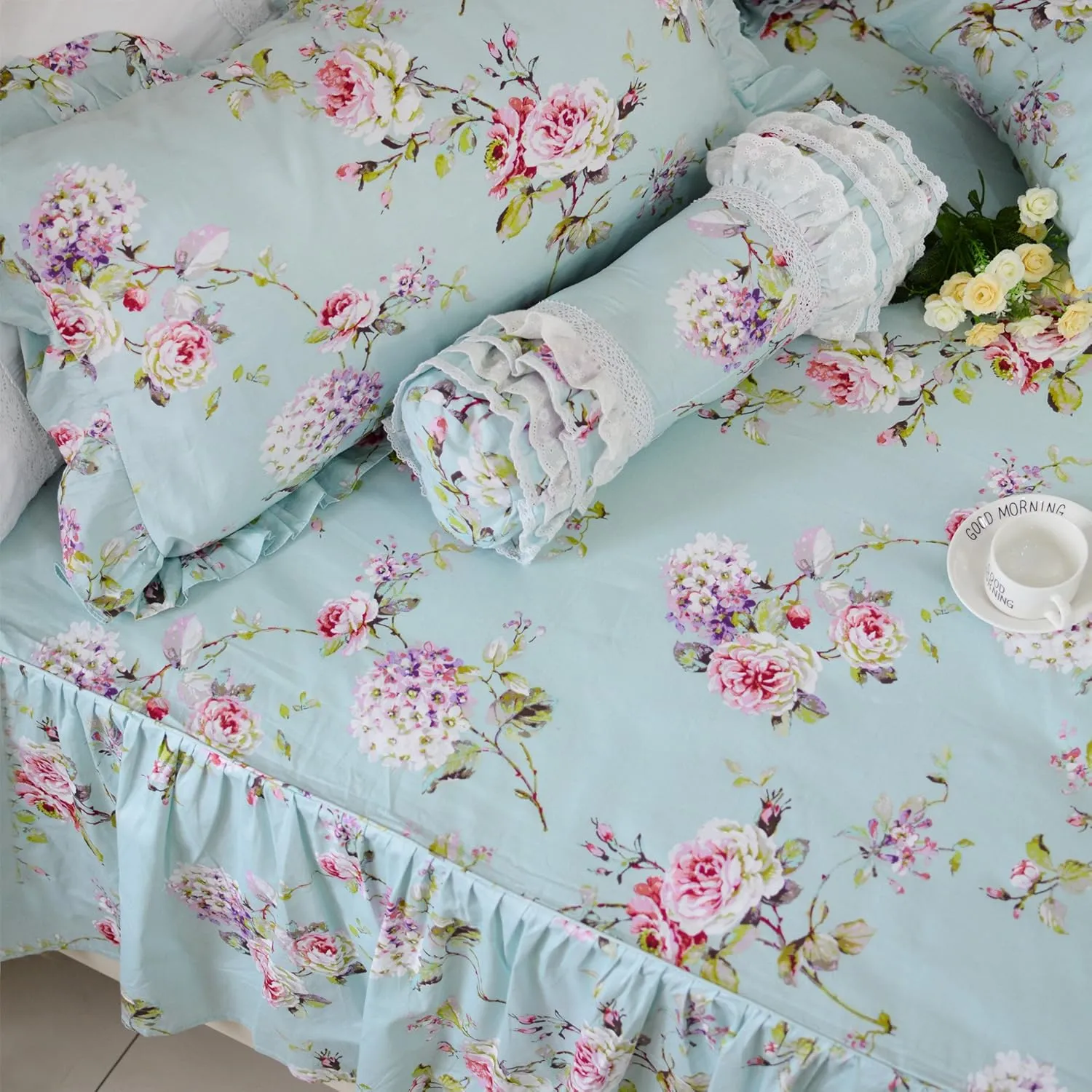 FADFAY Shabby Floarl Cotton Bedding Set Queen 4-Pieces Light Blue Hydrangea Print Duvet Cover Set with Bedskirt French Country Style with Ruffle -1 Duvet Cover, 1 Bedskirt, 2 Pillowshams