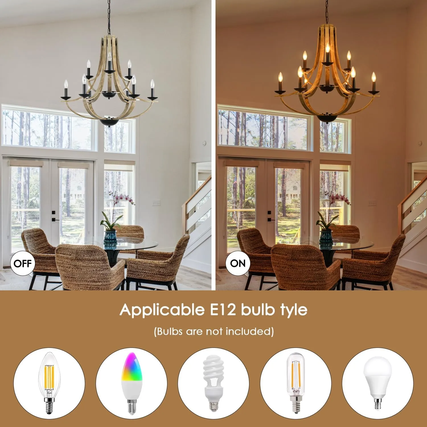 Farmhouse Chandeliers for Dining Room Light Fixture, 9-Light 31" Adjustable Height Retro Faux Wood Texture Rustic Light Fixtures for Living Room Bedroom Kitchen Island Foyer Entryway