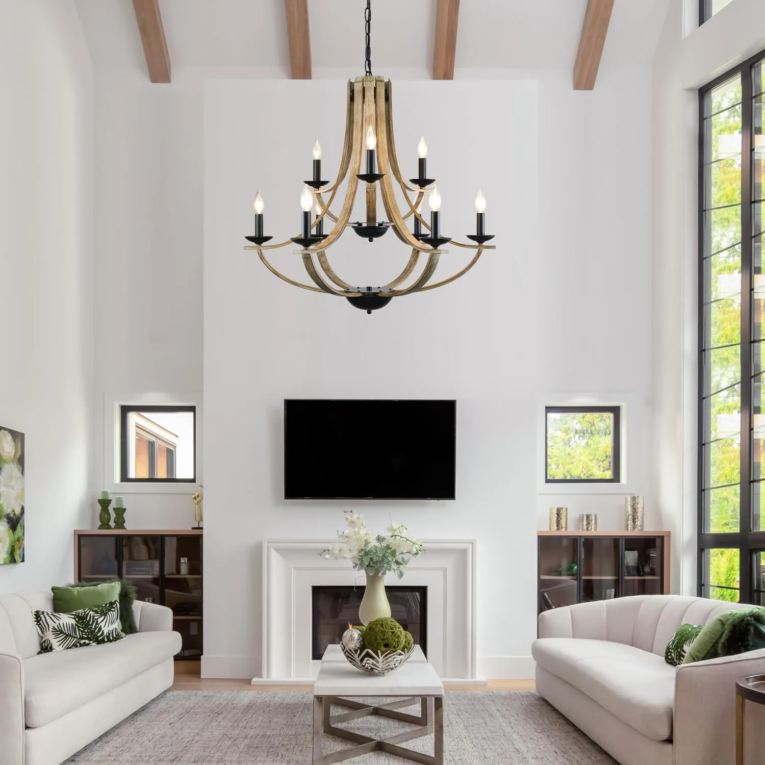 Farmhouse Chandeliers for Dining Room Light Fixture, 9-Light 31" Adjustable Height Retro Faux Wood Texture Rustic Light Fixtures for Living Room Bedroom Kitchen Island Foyer Entryway